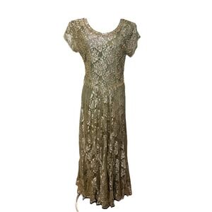 NWT Vintage 90s Jasmine‎ Women's Sage Green Floral Lace Beaded Midi Dress Size M
